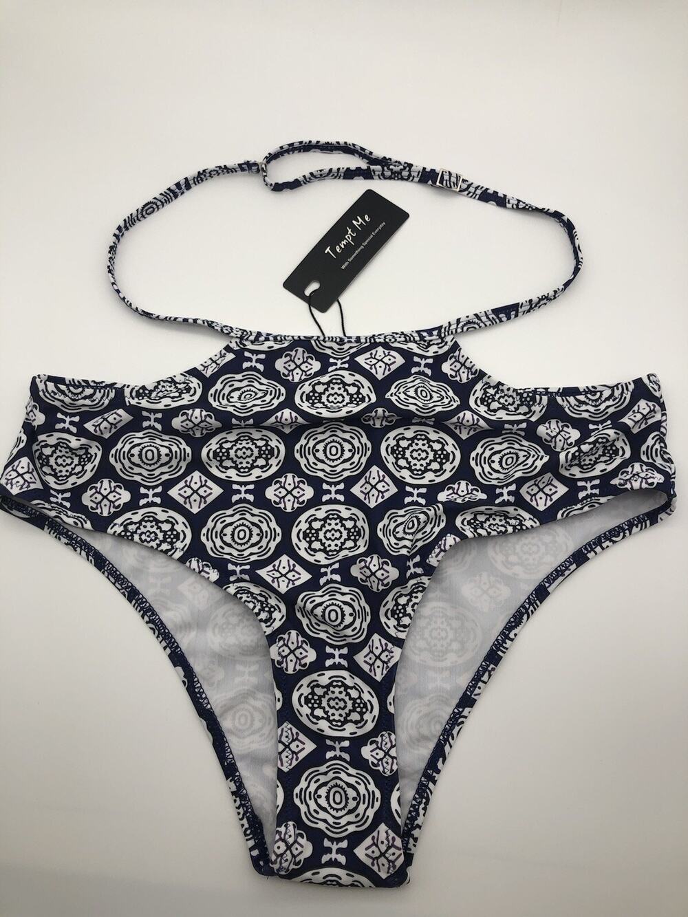 Tempt Me Women Retro High Waisted Bikini Bottom Ruched Swim Blue & White Sz XL